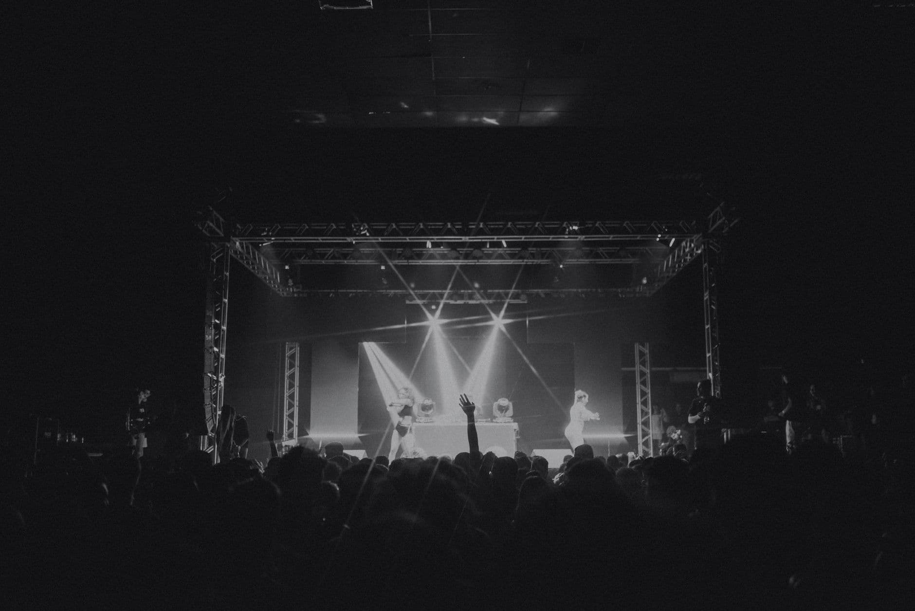 Captivating black and white image capturing the energy of a live concert performance with a lively audience.